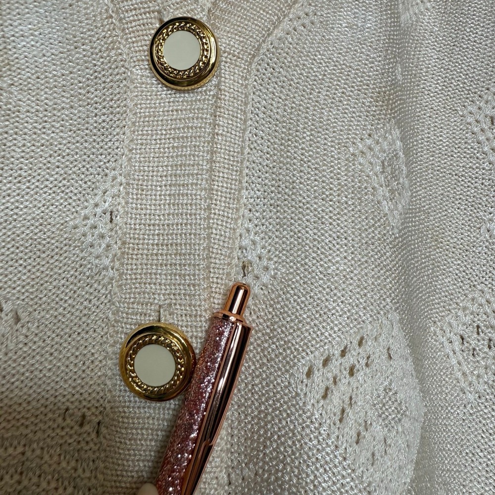 St. John Vintage Cardigan Balloon Sleeve Wool Blend Pointelle Knit Cream Large - Picture 10 of 10